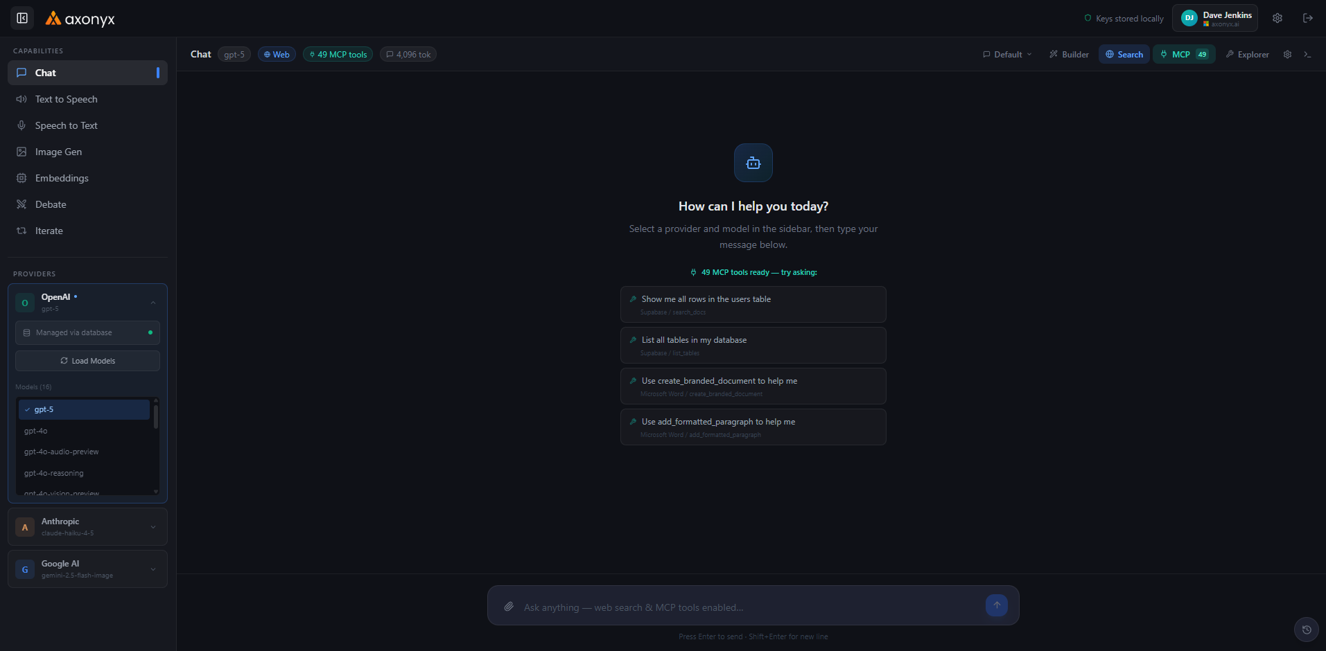The Axonyx Converse portal - a secure multi-provider AI chat workspace showing OpenAI, Anthropic and Google models, MCP tools and web search
